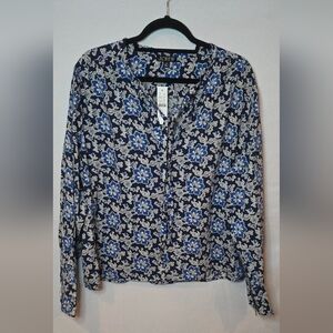 NWT J. Crew Navy/White Floral V-neck Tie Preppy Modal Cotton Dobby Top Women XXL